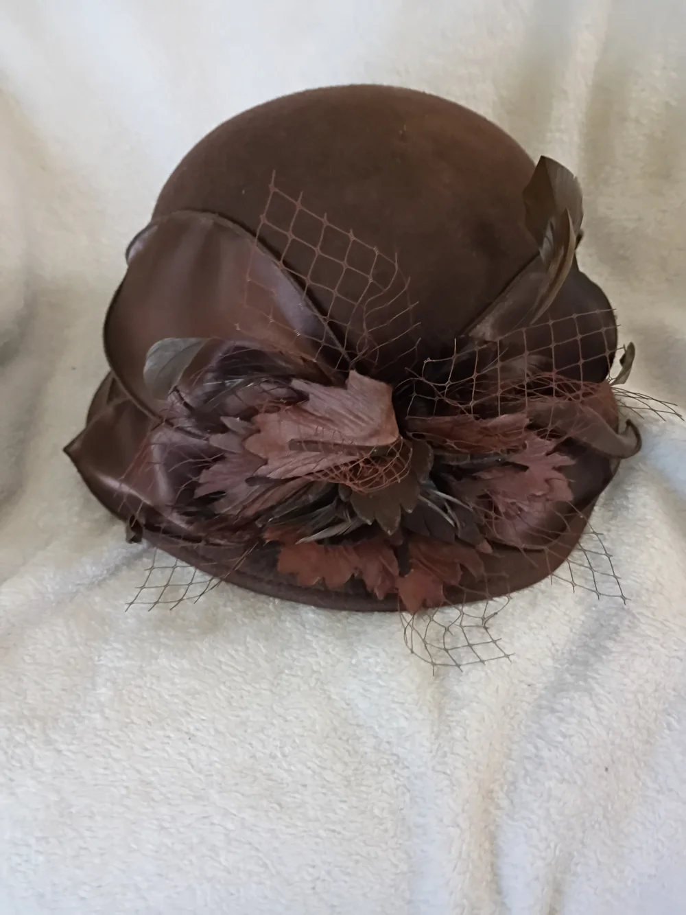 Vintage Elegant Brown Feather Detail Women's Cloche Hat 100% Wool Felt
